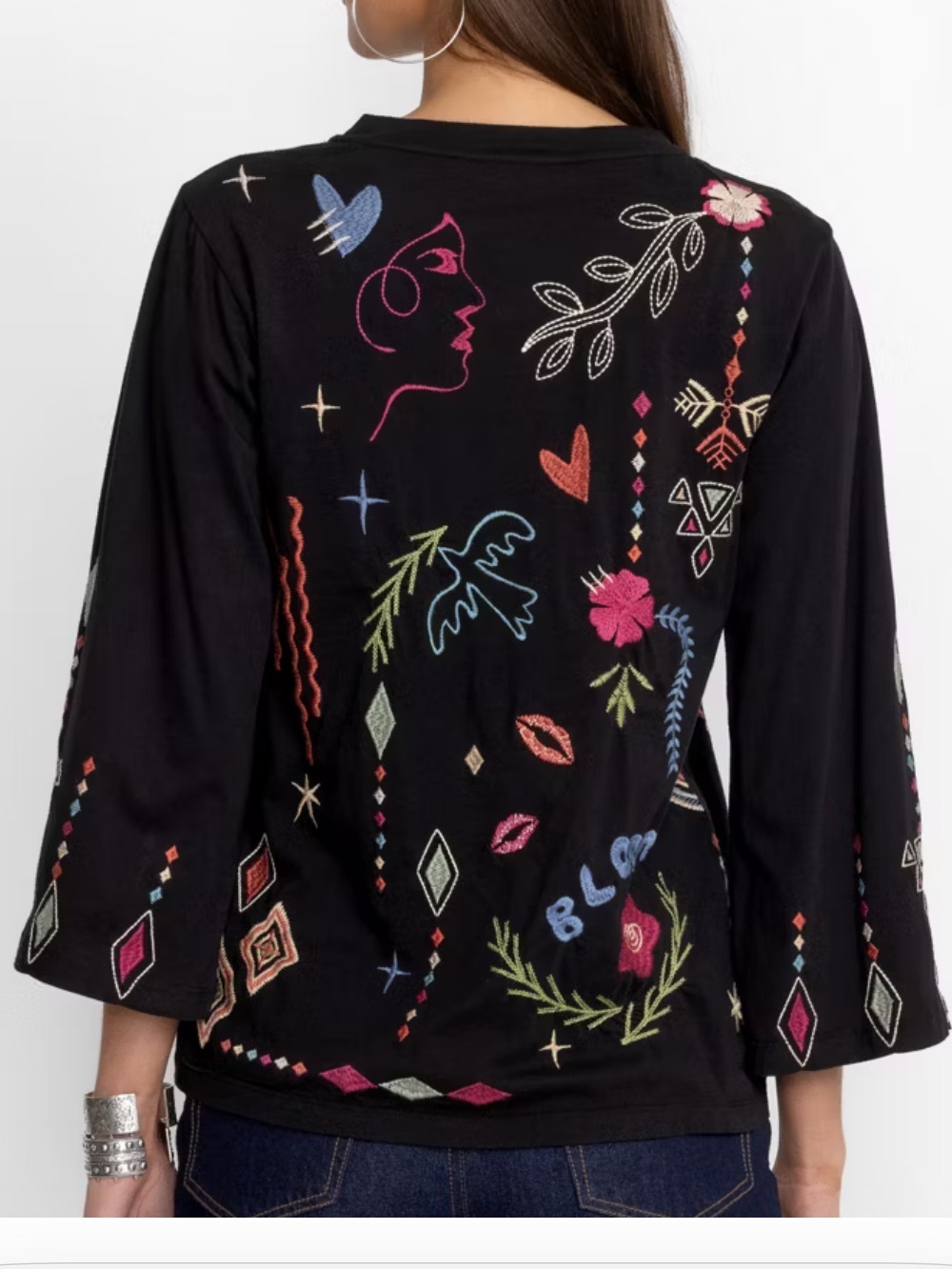 NWT JOHNNY WAS MILLEY KIMONO SLEEVE TEE Embroidered Black Cotton XL - Picture 5 of 7